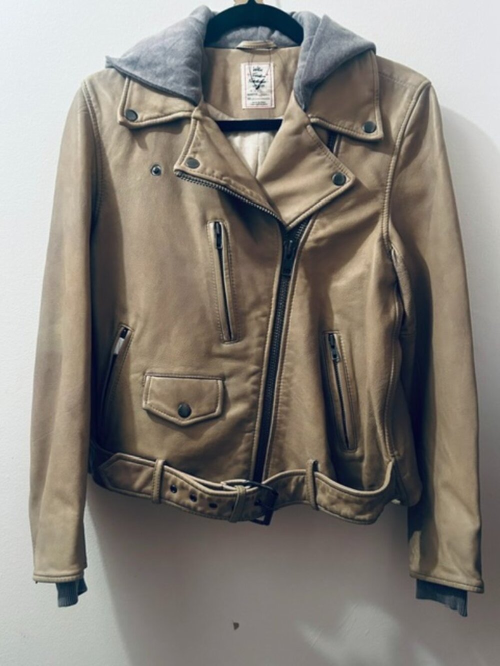 We The Free Free People Distressed Tan Leather Grey Hooded Moto Jacket NEW